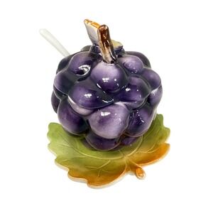 Grape Sugar Bowl with Spoon Ceramic Purple Leaf Dish Made in Japan